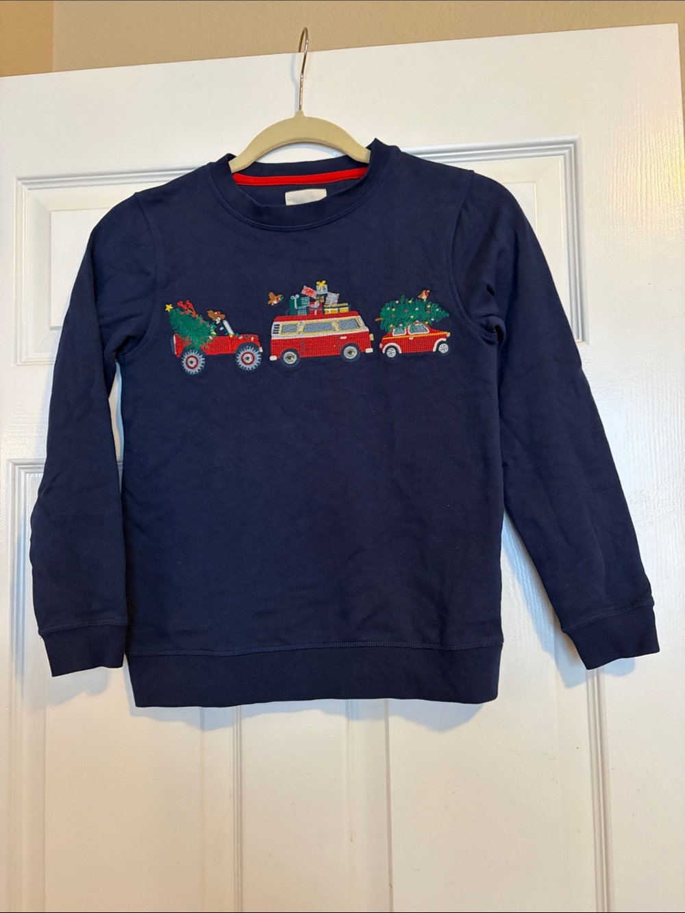 Mini Boden Navy Blue Holiday Vehicle Sweatshirt with Red & Green Accents